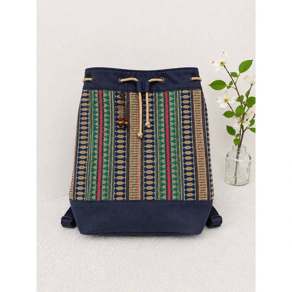 Vintage 90's Drawstring Backpack Boho Southwestern Tribal Woven Rucksack Catori